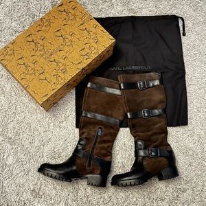 Karl Lagerfeld Suede Buckle Boots in Brown/Black – Size 6.5